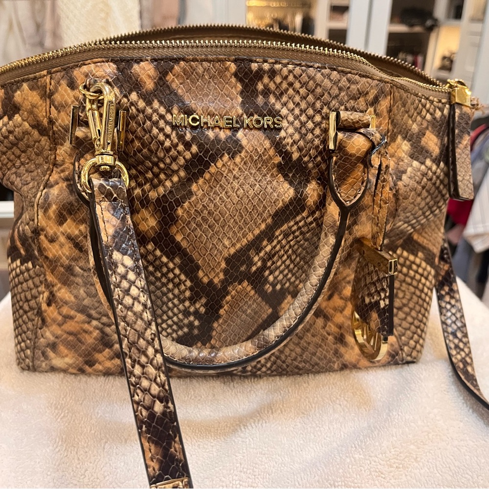Michael Kors Tan and Brown Snake Print Satchel
